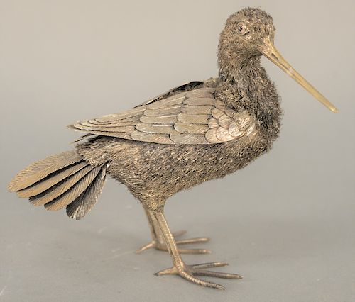 Attributed to Buccellati Sterling Silver Bird Figure, snipe having silver textured wire, fur and feathers with gold wash beak. height 6 inches. Proven