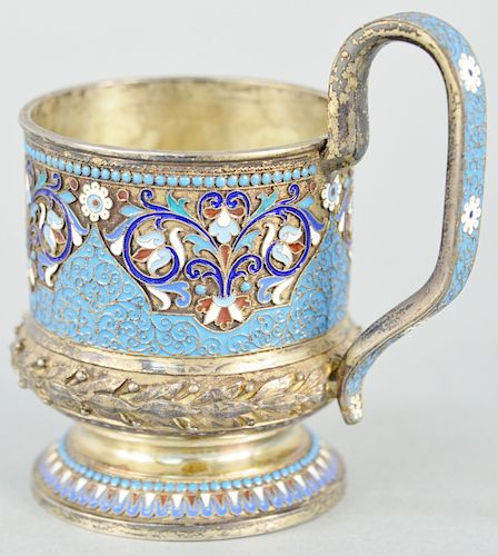 Russian Silver Enameled Cup, having blue ground with red, white, and blue floral decoration with makers mark of Ovchinnikov. total height 4 1/2 inches