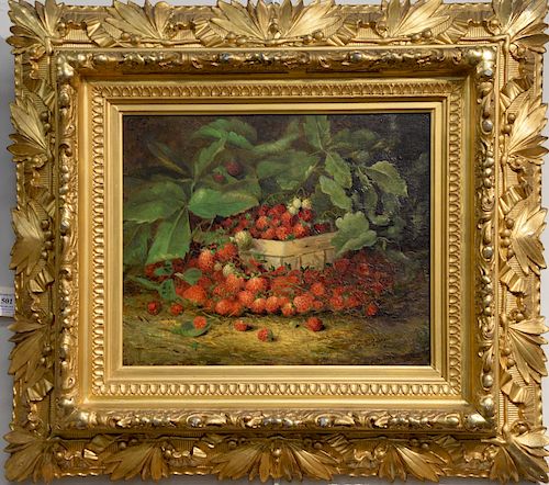Charles Ethan Porter (1847 - 1923), strawberries in a basket, still life, oil on board, signed lower right C.E. Porter. 12" x 14 1/2". Provenance: Sol