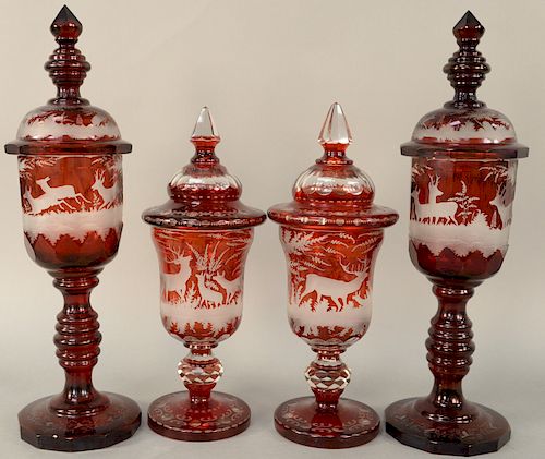 Group of Four Bohemian Covered Urns, large pair with etched deer and landscape scene on solid bases (chipped), small pair having elk landscape scene. 