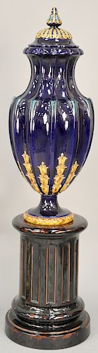 Monumental Majolica Urn on Pedestal Base, cobalt blue and tan with ribbed sides on circular base with fluted sides, light blue glazed interior. height