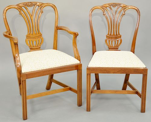 Set of Twelve George III Style Mahogany Dining Chairs, including two armchairs, each with shaped crest above an open work backsplat on straight legs, 