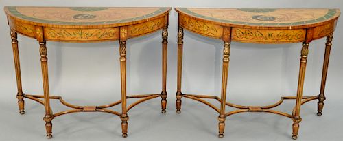Pair of George III Style Paint Decorated Fruitwood And Mahogany Consoles, having rosewood banded demilune top above foliate painted scrolls, raised on