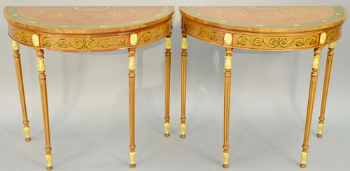 Pair of George III Style Paint Decorated and Parcel Gilt Mahogany Side Tables, each having demilune top over frieze painted with foliate scrolls raise