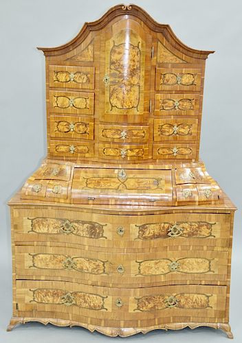 Rococo Fruitwood Walnut and Marquetry Inlaid Secretary Cabinet, in three parts, upper sections with doors and multiple drawers, lower section with thr