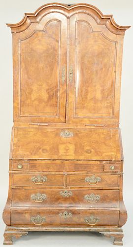 Georgian Walnut Veneered Bombe Bureau Bookcase, in two parts stepped interior with well and leather inset writing surface, 18th century, height 88 1/2