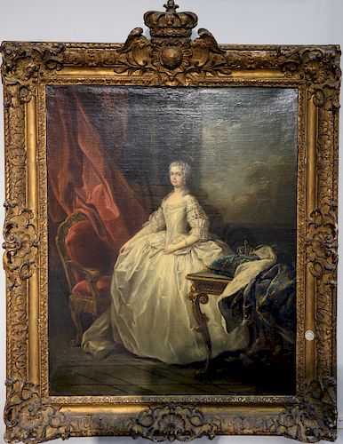 Portrait of Maria Leszczynska, Queen Consort Princess of Poland, who married French King Louis XV, seated wearing white gown having crown sitting on F
