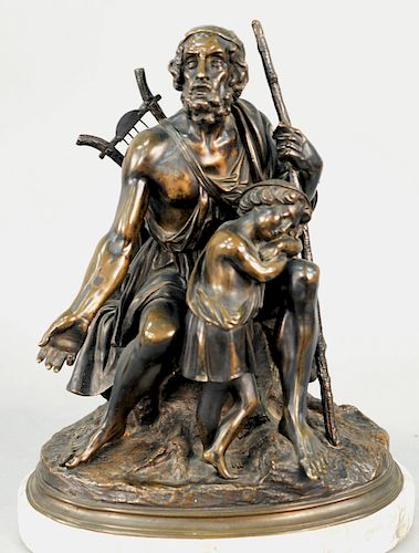 Bronze Sculpture of a Man with Walking Stick, wearing a cloak with a harp and a tired young boy on oval marble base, signed illegibly. total height 13