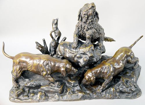 After Jules Moigniez (1835 - 1894), fox hole with group of three dogs, marked J Moigniez. height 20 1/2 inches, width 34 inches, depth 19 inches.
