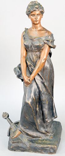 Henri Louis Levasseur (1853 - 1934), large bronze standing female wearing a dress with one foot on a broken sword, marked H.Levasseur, copyright 1904 