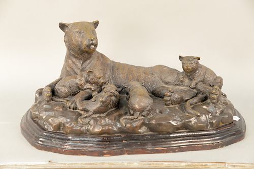 Large Bronze Figural Tiger Group, having mother tiger with four cubs on carved wood base, 20th century after Barye. height 16 inches, width 34 1/2 inc