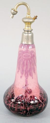  La Verre Francais Atomizer Perfume, cameo glass with cut dahlia flower pattern, pink and purple ground marked Laverre Francais. height 11 inches.