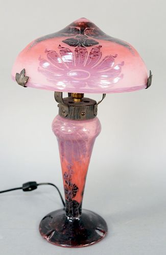 La Verre Francais Art Glass Lamp, cameo dahlia flower cut glass, vase shaped lamp base with purple pink ground, signed La Verre Francais France. heigh