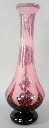 Large Charder  La Verre Francais Art Glass Cameo Vase, with dark violet etched Dahlia design on pink mottled ground, schneider, signed Le Verre Franca