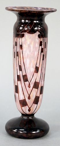Charder La Verre Francais Art Glass Cameo Vase, "Colliers" dark violet etched Colliers on pink mottled ground, Schneider, stamped France Ovington on b