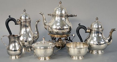 Tiffany and Company Six Piece English Silver Tea and Coffee Set, to include hot water pot on stand, coffee pot, teapot, covered sugar, waste bowl and 