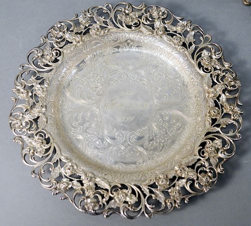Hansel and Sloan Sterling Silver Plate, with reticulated border, monogrammed HEW - WWH 1877 1902 marked Hansel Sloan Company. diameter 12 3/4 inches, 