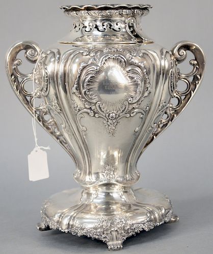 Tiffany and Company Sterling Silver Wine Cooler, having removable collar and two handles set on floral base with four feet, monogrammed with B for Bro