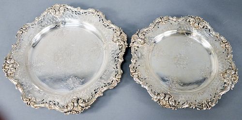Two Sterling Silver Chop Plates, two sizes having reticulated borders with carved shell, attributed to Redlich and Company, New York, marked C.D. Peac