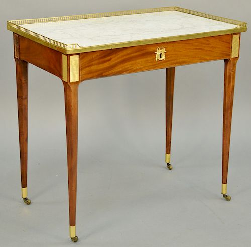 George Jacob Louis XVI Marble Top Table, a'ecrire gilt bronze mounted mahogany case with gallery top, reeded gilt bronze frieze over tapered legs on c
