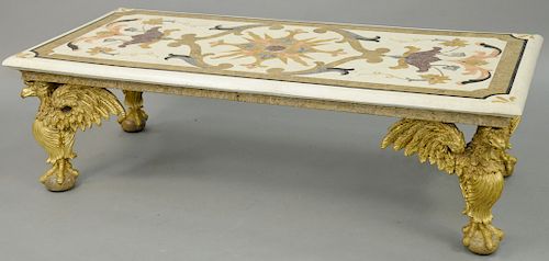 Coffee Table with Veneer Stone Inlaid Top, set on four winged eagle legs. height 17 1/2 inches, top: 27" x 58".