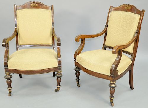 Pair of Regency Open Armchairs, brass inlaid rosewood, 19th century. height 37 1/2 inches.