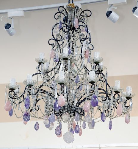Eighteen Light Chandelier, with rock crystal and pink and purple quartz. height 36 inches, diameter 32 inches.