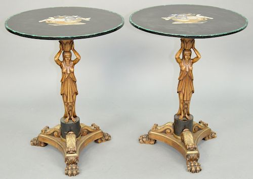 Pair of Micromosaic Inlaid Tables, on carved figural wooden bases, the tops of the tables having malachite veneered border and centering micromosaic b