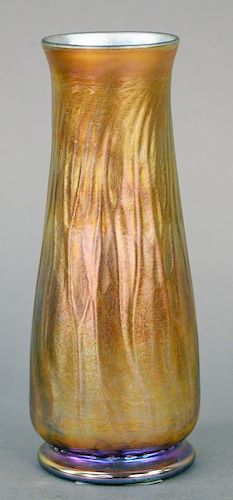 Nash Art Glass Vase, gold iridescent, having molded slender trees surround the body, purple pink iridescent, marked Nash 535. height 7 1/2 inches.