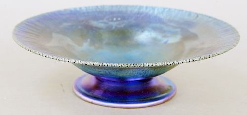 Tiffany Blue Favrile Art Glass Compote, low bowl in blue iridescent glass on round foot marked L.C. Tiffany I in C Favrile X. diameter 2 14 inches, he