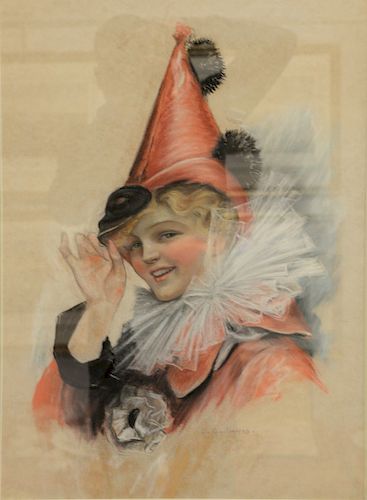 Charles Sheldon (1889 - 1960), fashion glamour portrait girl with mask in circus outfit, pastel mixed media on paper, lower right C G Sheldon. sight s