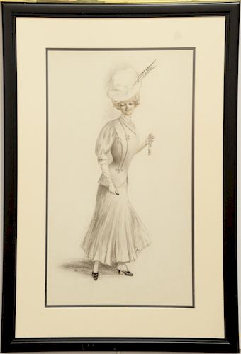 Charles Sheldon (1889 - 1960), fashion glamour portrait standing girl in victorian dress, pencil and colored pencil, signed lower left C G Sheldon. si