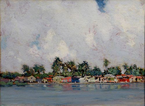 Hermann Dudley Murphy (1867 - 1945), "Shanty town" Puerto Rico, oil on board, signed and titled on back in a Carrig-Rohane Boston frame. 12" x 16".