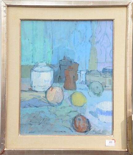 John Heliker (1909), "Still Life with Pepper Mill", oil on canvas, Kraushaar Galleries label on back. 20 1/4" x 16 1/4".