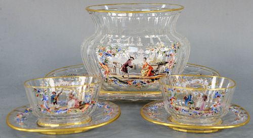 Twenty-six Piece J and L Lobmeyr Enameled Set, to include large center bowl with matching under plate, set of twelve finger bowls with twelve matching