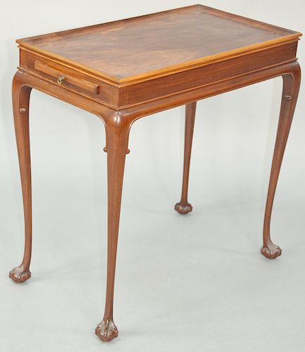 Diminutive Chippendale Style Mahogany Tray Top Tea Table, candle slides at each end with scrolled returns all raised on small ball and claw feet, attr