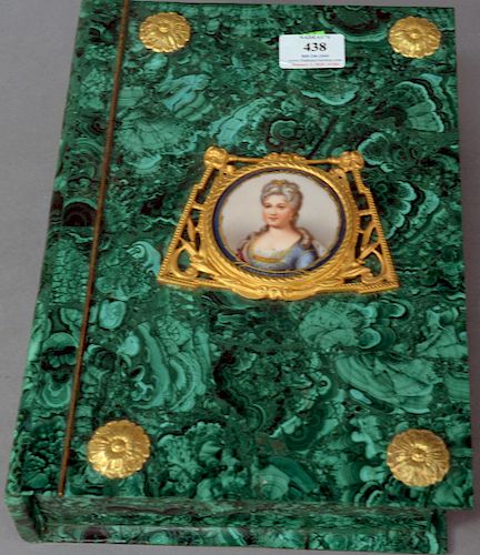 Malachite Ormolu Mounted Book Form Box, center mounted with porcelain painted plaque of Elisabeth D'Orleans, with gilt bronze frame, and having circul