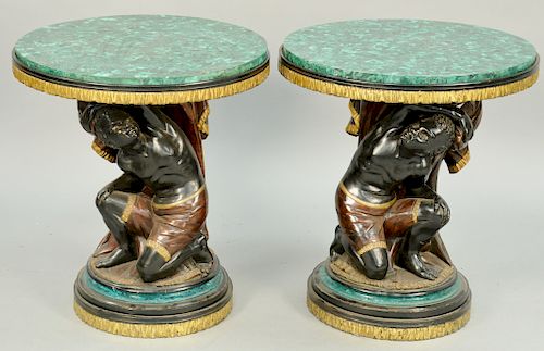 Pair of Carved Blackamoor Side Tables having round malachite tops over crouching parcel gilt and painted Blackamoor figure support. height 26 inches, 