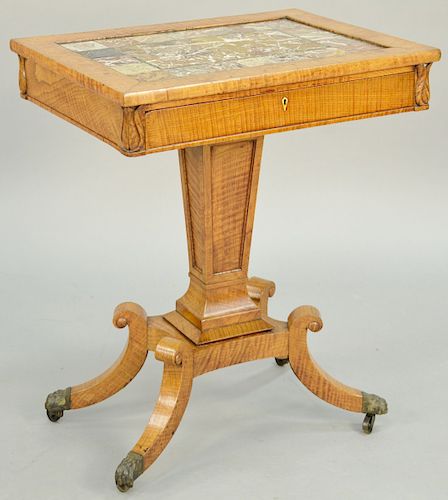 A Louis Philippe Elm and Fruitwood Work Table, having rectangular specimen marble inlaid top with a blind frieze drawer, tapering rectangular standard