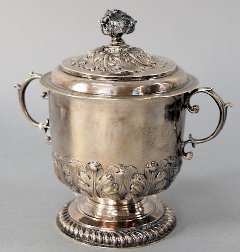 George I Silver Covered Mug, with reticulated finial on scroll work top set on cup with two handles and carved base set on gadrooned foot, probably Jo