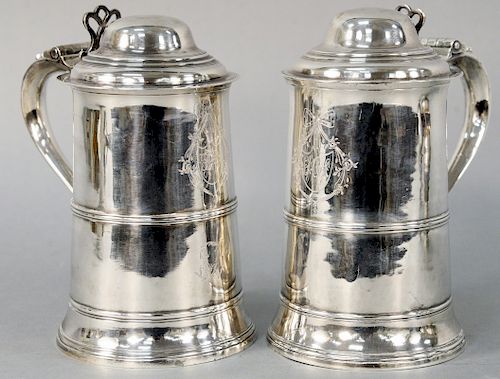 Pair of Georgian Silver Tankards, each with different date marks having scrolled handles with heart, Peter and William Bateman, London 1806-7. height 