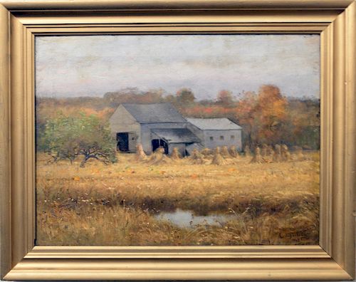Charles Ethan Porter (1847 - 1923), landscape, oil on canvas, corn stacks by grey barn, signed lower right C.E. Porter 92. 17" x 23". Provenance:Sold 