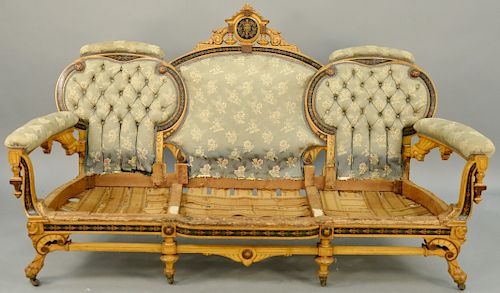 Renaissance Revival Victorian Sofa, maple with various wood inlays having carved paw feet in old finish attributed to Herter Brothers. height 44 inche