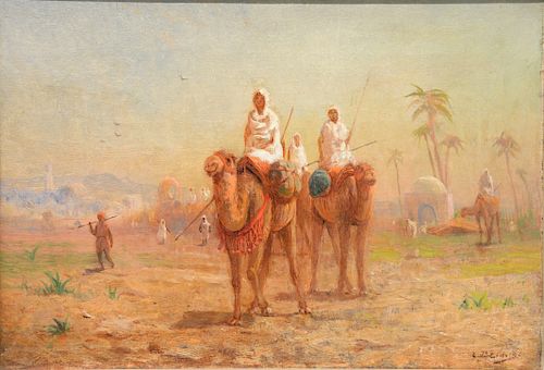 Lemuel D Eldred (1848 - 1921), Orientalist Middle Eastern riders on camels, oil on canvas, signed lower right L.D. Eldred, Lubin Galleries label on ba