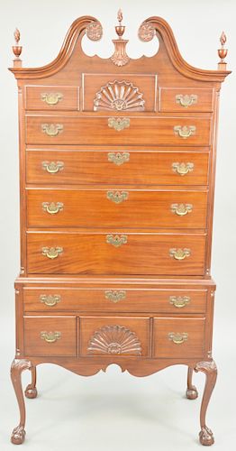 Fineberg Chippendale Style Highboy, in two parts having broken arch top over fan carved central drawer flanked by short drawers over four drawers on b