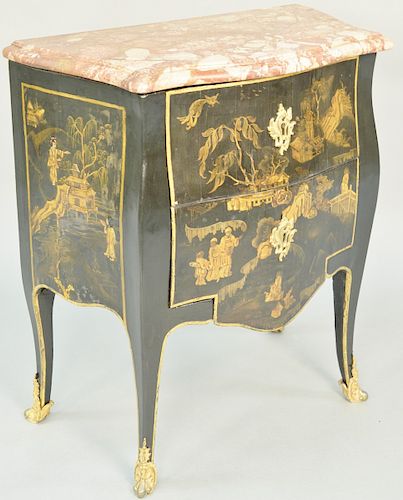 Francois Reizell Louis XV Japanned Marble Top Commode, gilt bronze mounted lacquered chinoiserie decorated by Francois Reizell circa 1775, top stamped