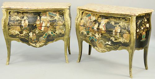 Pair of Louis XV French Commodes, Japanned lacquered with Oriental scene having figures in a courtyard, fronts and splay of flowers in a vase on each 