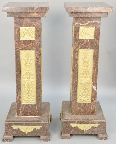 Pair of Louis XV Style Marble Pedestals, later 19th century, with gilt metal mounts (minor chip loses to tops and feet). late 19th century. height 44 