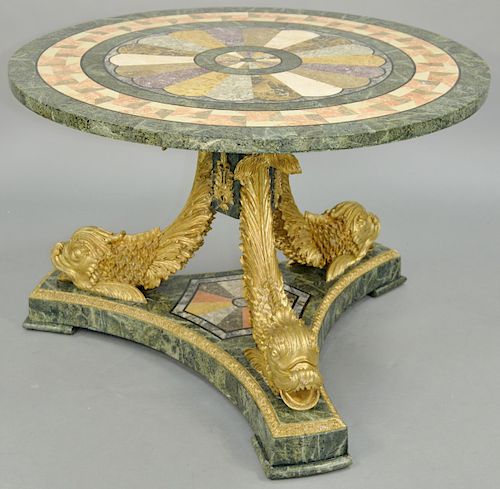 Neoclassical Style Giltwood and Veneer Stone Center Table, the pietra dura style top raised on dolphin-form supports. height 29 1/4 inches, diameter 4