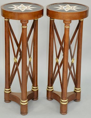 Pair of Neoclassical Style Parcel Gilt Marble Top Table Plant Stands, inset marble top with dip coating eight point star with micromosaic classical ru